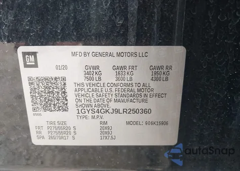 2020 Cadillac Escalade 4Wd из США, поврежденный, VIN 1GYS4GKJ9LR250360